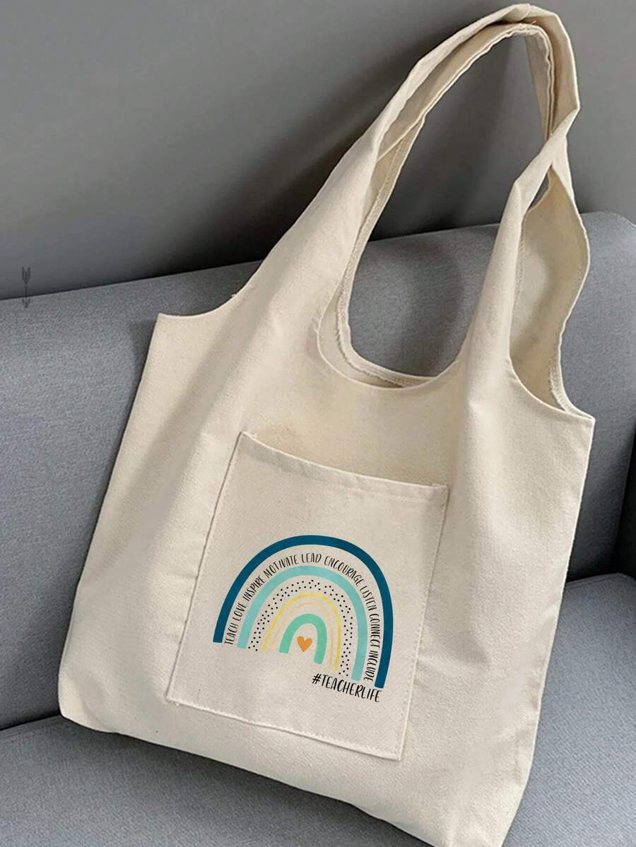 字母印花购物袋、多口袋休闲包、复古字母印花托特包、耶稣爱你基督教印花化妆包、大容量托特包、休闲流浪包斜挎包，适合毕业生、少女、新生、二年级学生、三年级学生和四年级学生（大学和高中），非常适合户外、旅行和返校，适合教师礼物铅笔盒，适合送给她最好的朋友的生日礼物，学校单肩包 - 米色 - 查看 1