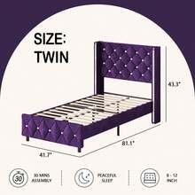 Twin/ Full/ Queen/ King Size Bed Frame, Upholstered Bed Frame With Diamond Headboard And Footboard, No Box Spring Needed With Wood Slat Support, Easy Assembly, Twin Bed Frame/  Full Bed Frame/ King Bed Frame, Black/ Pink/ White/ Purple/ Blue/ Green - 紫色 - 查看 7