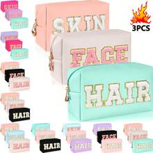 学院风化妆包女士旅行洗漱包雪尼尔字母化妆包 PU 皮革防水袋可爱拉链收纳包、皮肤、头发和面部旅行必备包，适合学校假期返校用品女士旅行包 - 彩色 - 查看 2