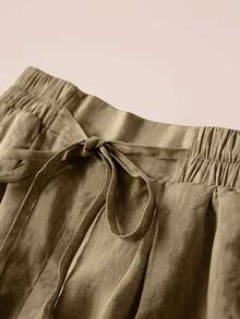 Pantalones cortos casuales de lino con cintura, bolsillos y cordón para mujer, primavera/verano - Camel - Ver 4