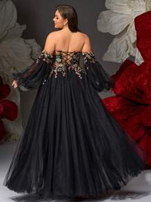 VIPGIRL Black Floral Embroidered Off Shoulder Ball Gown With Detachable Sleeves, Tulle Plus Size Formal Dress For Prom, Gala, Wedding Guest,Evening Dress Women Dresses,Evening Gowns Formal Plus