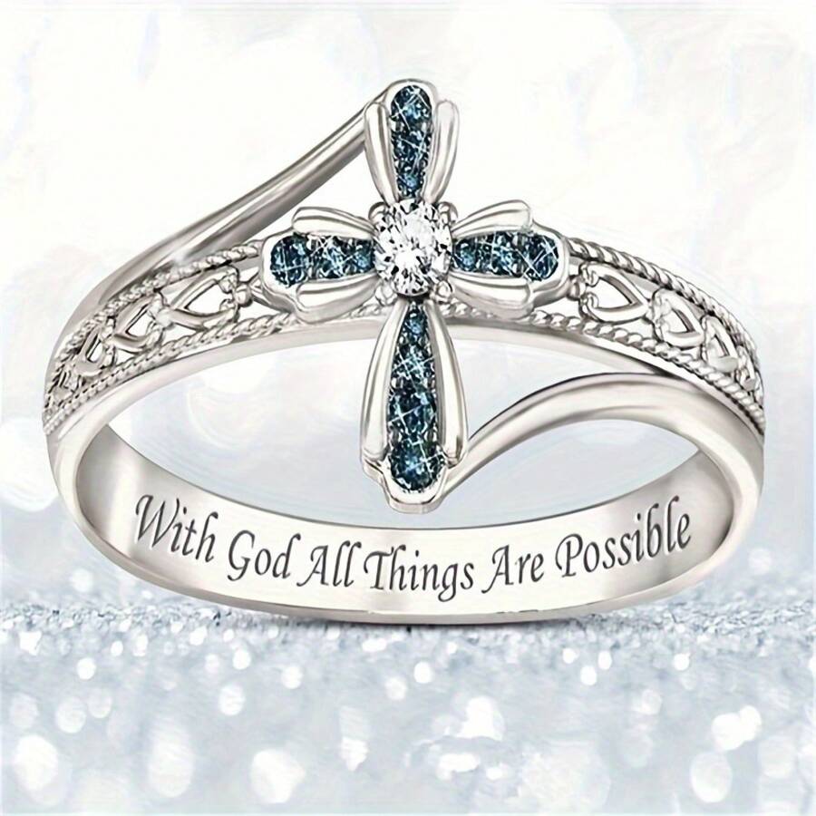[Cross Ring] 1 Piece Of Exquisite And Fashionable Blue  Cross Ring, Unisex, Jewelry Gift - 銀色 - 查看 1