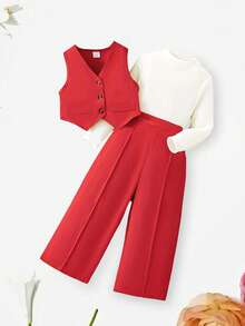 Kid Toddler Girls Suits Baptism Day Church Outfits Formal Wedding Guest Outfit Tuxedo Waistcoat Long Sleeve Mock Neck T Shirt Pants Sets 3pcs Dress Clothes 3-10 Years - 紅色 - 查看 4