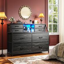 EnHomee Dresser For Bedroom With 8  Fabric Drawers & LED Lights And Charging Station, Nightstand With Open Shelf For Living Room And Entryway, Easy To Assemble, Black Wood Grain - 查看 6