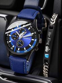 2Pcs Men's Blue PU Leather Strap Casual Three Eye Dial Quartz Watch Bracelet Set Suitable For Daily Wear Or Holiday Gift Giving