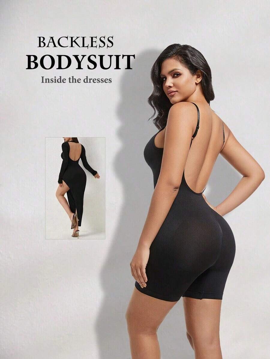 1/2 pieza Faja sin costuras para mujer con entrenador de cintura, control de abdomen, realce de glúteos, espalda descubierta y escote cuadrado, body - Negro - Ver 1
