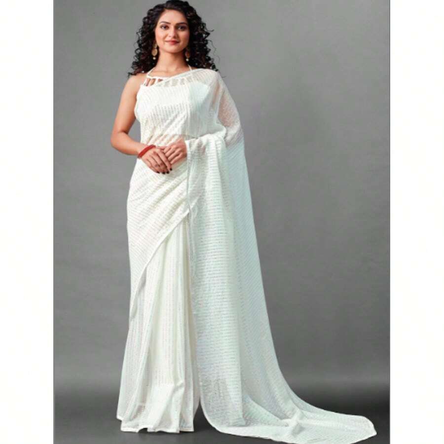 Partywear White Georgette Sequins Saree - White - View 1
