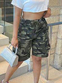 Damen Große Größen Shorts mit Kordelzug, elastischer Taille, Mehrtaschen, locker geschnittenes gerades Bein, Jeans Cargo Shorts, Casual Urlaub Sommer - Armeegrün - Übersicht 3