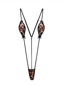 1 件性感内衣睡衣，性感豹纹蝴蝶结设计，可调节系带女式连体裤 - 比基尼三点式露背设计，女式连体裤，半透明成人服装 - 黑色 - 查看 3