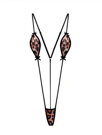 1pc Sexy Lingerie Pajama, Sexy Leopard Print Bow Design, Adjustable Lace Up Women's Jumpsuit - Bikini Three-Point Backless Design, Women's Jumpsuit, Semi Transparent Adult Clothing
