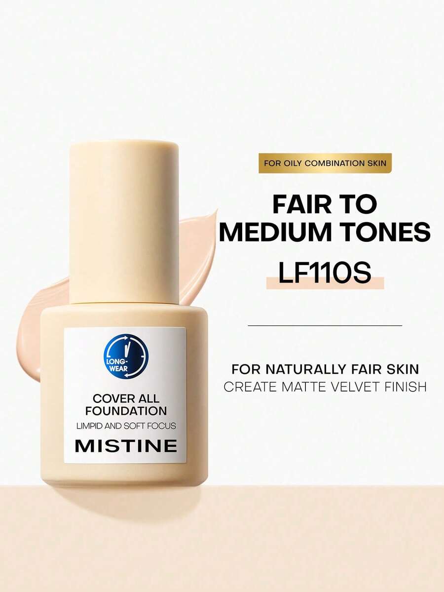 MISTINE 1入裝30g濕潤妝效全面遮瑕粉底液，36小時持久防水，適用於混合性肌膚，滋潤配方，防暗沉，色號LF110S適用於膚色較白至中等 - LF110S - 查看 1