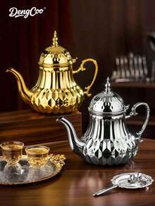 Dengcoo 1pc 1.4L Arabic Style Stainless Steel Tea & Coffee Pot - Middle Eastern Serving Kettle With Gold & Silver Engravings - Ideal For Home, Cafe, Mosque & Luxury Gifting, Use During Ramadan - Multicolor - View 2