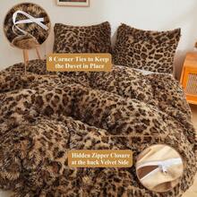 X Print Fluffy Faux Fur Duvet Cover Set, 3 Pieces Soft Plush Shaggy Fuzzy Bedding Set(1 Faux Fur Leopard Print Comforter Cover + 2 Furry Pillowcases), Zipper Closure(Queen, Brown) - Họa tiết da báo màu nâu - Xem 7