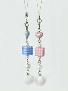 1 pieza Accesorio de cordón de teléfono estilo coreano Ins nuevo para mujer, colgante de llavero de pompón a cuadros lindo, bolso con forma de corazón/Phone Correa colgante