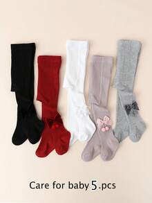 5pcs/Pack Baby Girls' Cute Striped Tights With Bow Decor, Suitable For Children's Daily Wear, All Seasons - Multicolor - View 1