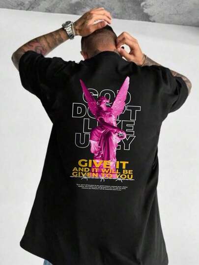 Comfortable & Breathable, Men's Graphic Sculpture Letter Printed Short Sleeve T-Shirt,Street Style, Suitable For Summer