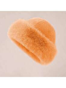 1pc Elegant Solid Color Polyester Faux Fur Patchwork Warm Windproof New Plush Faux Fox Fur Bucket Hat, Thick Ear Protection Bucket Hat For Autumn/Winter