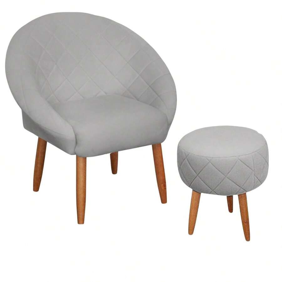 MOBLAN DECOR Set Of 1 Armchair And 1 Cozy Pouffe For Reception Comfortable Velvet Fabric Reinforced Wooden Feet - Grey - View 1