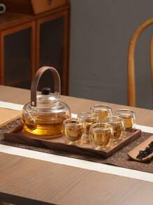 1 Set: 1 Teapot + 6 Cups With Tray, 1 Teapot + 4 Cups With Tray, Heat-Resistant Glass Teapot, Modern Minimalist Walnut Color Flower Tea Pot, Tea Kettle, Tea Pot Set, Suitable For Parties, Gatherings, All Seasons