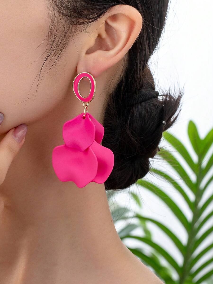 1 Pair Dopamine Layered Flower Drop Earrings, Suitable For Women To Wear On Vacation And Various Occasions