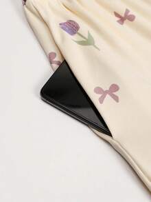 花卉印花圆领口袋长袖和长裤女士睡衣套装 - 杏色 - 查看 8