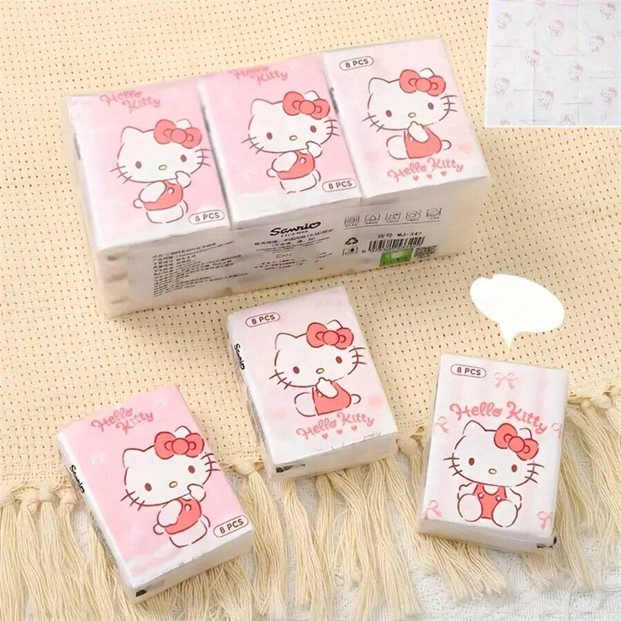 Sanrio 9pcs Sanrio HelloKitty 9-Pack Co Branded Handkerchief Paper, KT Cat Printed Chiffon Paper, Portable Face Towel Paper, Perfect For Work, Spring/Summer Travel Vacation Sanrio For Hello Kitty Tissue - Cute Cartoon Printed Thick Tissue, Suitable For Students, Work, Travel, Spring/Summer Use, Accessories For Hello Kitty