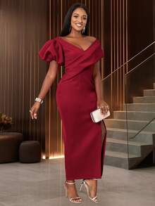 Sexy V-Neck Front Slit Cocktail Dress, Suitable For Birthday, Wedding Guest, Graduation Ceremony, Gala, Homecoming, New Year's Eve, Valentine's Day, Party And Other Occasions - الاحمر - مشاهدة 4