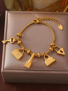 MiDuoDuo 1 Peça Pulseira Vintage Ajustável de Aço Titânio Banhada a Ouro 18K com Pingente de Strass, Joia Estilo Europeu e Americano Ins para Mulheres