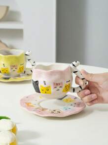1 Set Creative Cute Cat Tail Handle Handpainted Cat Ceramic Coffee Cup & Saucer - Multicolor - View 4