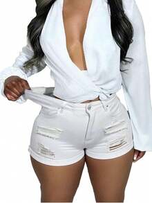 MUZZ Plus Size Summer Casual Women's Rolled-Up Distressed Stretchy Short Jeans, White Ripped Sexy Slim-Fit Denim Shorts - White - View 5