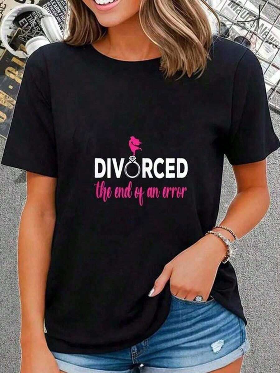 Divorced End Of An Error Divorced AF Funny Divorce Party T-Shirt  Graphic Tees Cute Summer Women Tops Puppy Kepp Black Cotton Women Clothing - 黑色 - 查看 1