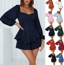 Womens Long Lantern Sleeve Square Neck Bodysuit Jumpsuit Solid Color Pleated Playsuit Rompers - Black - View 2