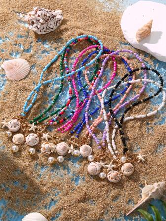 1pc Vibrant Summer Multicolor Beaded Starfish Pendant Necklace, Bohemian Style Seashell Pendant Choker Necklace, Beaded OT Clasp Necklace For Outdoor & Holiday Jewelry