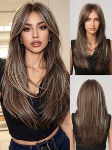 26英寸耐热合成长卷发假发，中分，黑棕色，自然柔顺逼真，适合日常佩戴（不含配饰） - 間色 - 查看 3