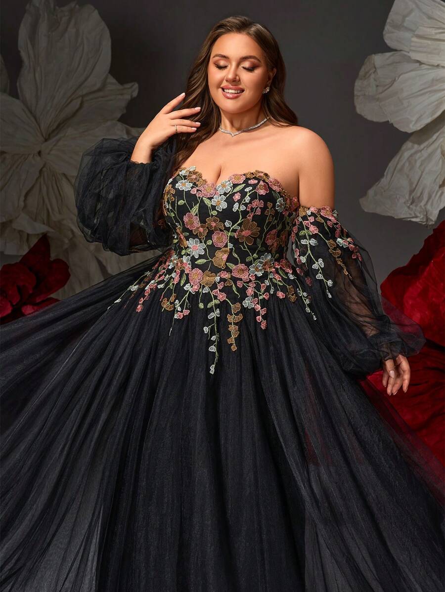 VIPGIRL Black Floral Embroidered Off Shoulder Ball Gown With Detachable Sleeves, Tulle Plus Size Formal Dress For Prom, Gala, Wedding Guest,Evening Dress Women Dresses,Evening Gowns Formal Plus