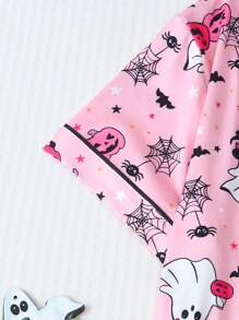 2pcs/Set Funny Pink Ghost & Pumpkin Print Short Sleeve Polo Collar Top And Bow Shorts Pajama Set For Women, Suitable For Halloween