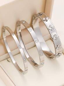 3 件不锈钢四叶草手镯，适合女性派对、日常佩戴、欧美风格、个性化、大方、奢华方晶锆石腕带、婚礼首饰套装、送给女孩、女士、亲戚、朋友的礼物、美丽的婚礼、生日、情人节