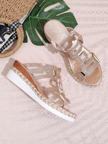 Nuevas sandalias planas de moda para mujer, sandalias bohemias de PU con diseño geométrico de unicolor, hollow-out, playa, festival, boda, escuela, vacaciones, fiesta, verano - Dorado - Ver 7