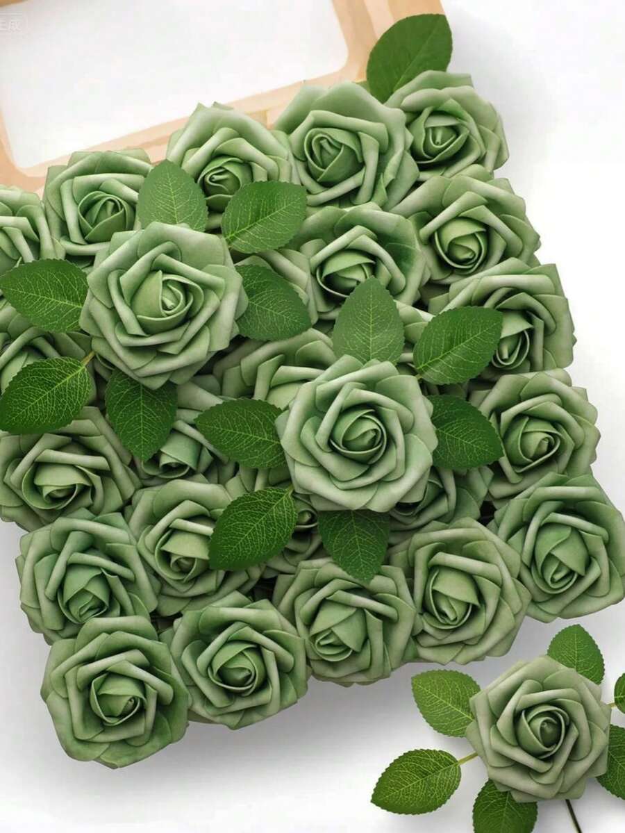 MEHELANY 50/30支人造玫瑰，绿色仿真玫瑰，逼真泡沫玫瑰带茎，PE材质，适用于DIY婚礼花束、插花、新娘送礼、花束制作、桌面装饰、花球、胸花、蛋糕装饰、派对及家居装饰、春夏派对、送给女性、女友、女孩的礼物 - 綠色 - 查看 1
