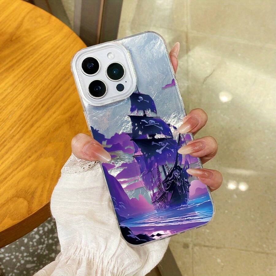 Funda para phone con diseño de barco morado. Compatible con phone 6, 16 Pro, 16 Pro Max, 15 Plus, 14, 13, 12 y 11. Nuevo diseño con borde suave y degradado en forma de glaciar. Protección completa contra caídas con cubierta protectora de silicona. - Blanco - Ver 1