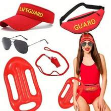 3/5件套夏季冲浪服套装，假日趣味救生员角色扮演，沙滩遮阳帽，红色时尚眼镜，哨子，冲浪板包，海滩度假装 - 彩色 - 查看 1