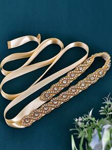 1pc Elegant Bridal Waist Belt, Handmade Rhinestone Wedding Belt, Sweet & Graceful Women's Evening Dress Accessory - Champagne Ribbon - View 10