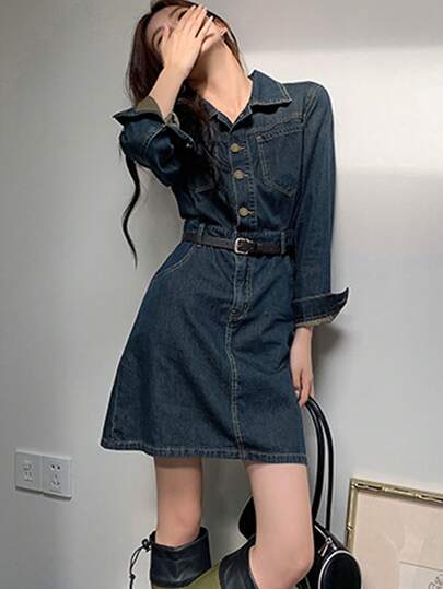 女式长袖纽扣半襟休闲牛仔连衣裙