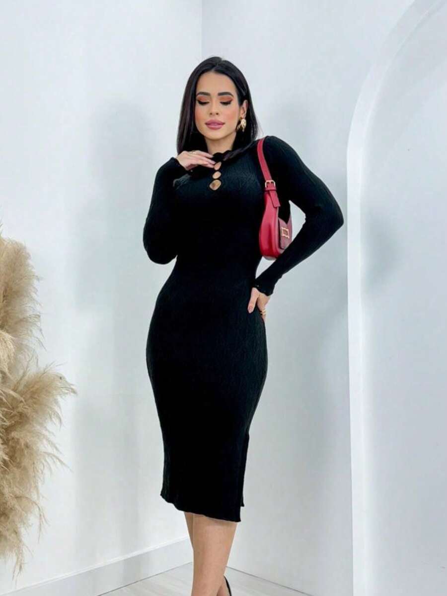 Women's Winter Modal Knit Midi Dress With Detail On The Bust - Black - View 1