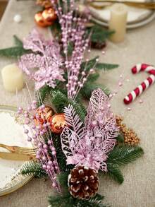 Set de 6 ornamente de brad de Crăciun, flori artificiale roz cu sclipici, crengi, agrafe pentru decorarea bradului de Crăciun, cadou, vază mică, decor pentru casă, sărbători, nuntă, petrecere, agrafe artificiale cu sclipici, 6 buc tulpini artificiale cu sclipici și 1 buc ornamente de flori cu sclipici pentru brad de Crăciun, cadou de Revelion - Decor roz pentru casă, decorațiuni de Crăciun, decor pentru cameră