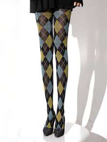 1 Meia-calça feminina sexy com estampa xadrez de losangos, meia-calça retrô da moda, confortável.