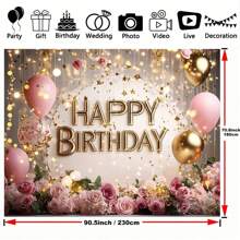 Fundal de pânză pentru petrecere de ziua de naștere - temă balon roz și tort auriu, banner multifuncțional din poliester pentru sărbători în familie