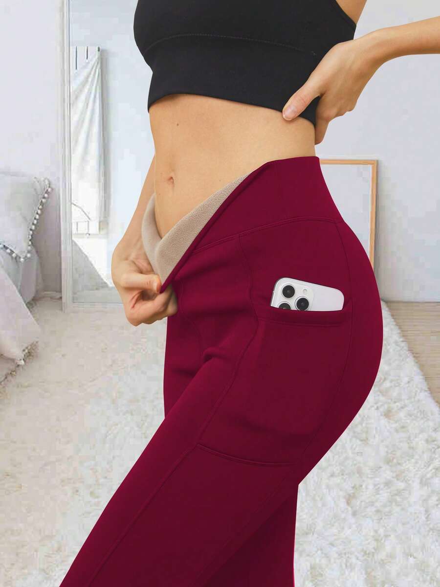 女士保暖加厚带口袋打底裤，冬季保暖高腰瑜伽裤，加厚天鹅绒弹力保暖打底裤，高腰紧身裤