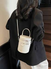 2024新款撞色棕色手提包，简约纯色迷你女士单肩斜挎包 - 白色 - 查看 5