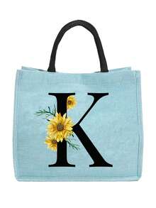 Sunflower & Daisy, Letter A-Z Print Blue Linen Tote Bag, Perfect Holiday Gift, Multifunctional Portable Handbag/Shoulder Bag, Fashion Minimalist Linen Bag, Large Capacity Storage Bag, Gift For Women, Teacher's Day Gift, Cosmetic Bag - Blue - View 69
